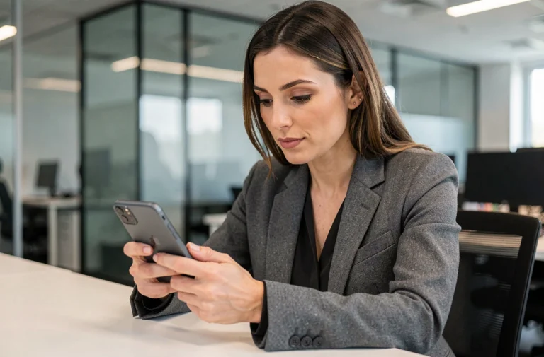 Femme professionnelle dans un bureau tech moderne examinant un smartphone pliable innovant en 2024
