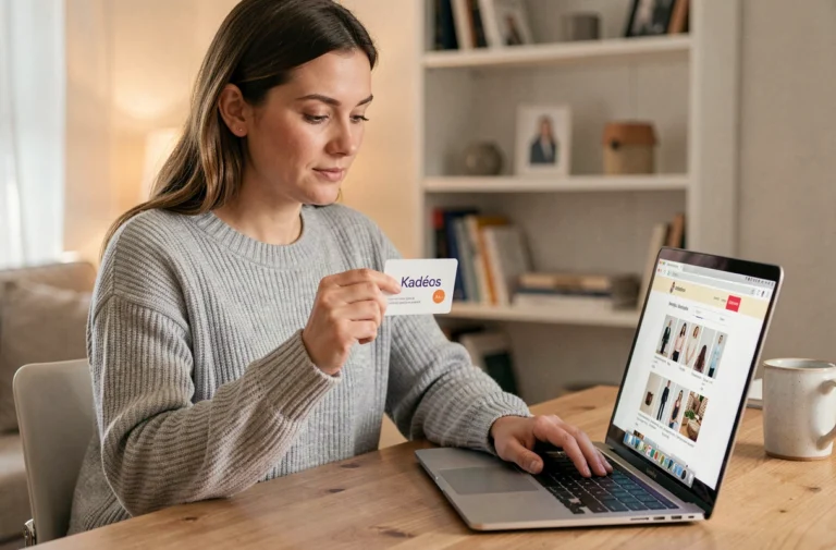 Femme utilisant une carte cadeau Kadéos pour faire des achats sur Amazon depuis son bureau à domicile