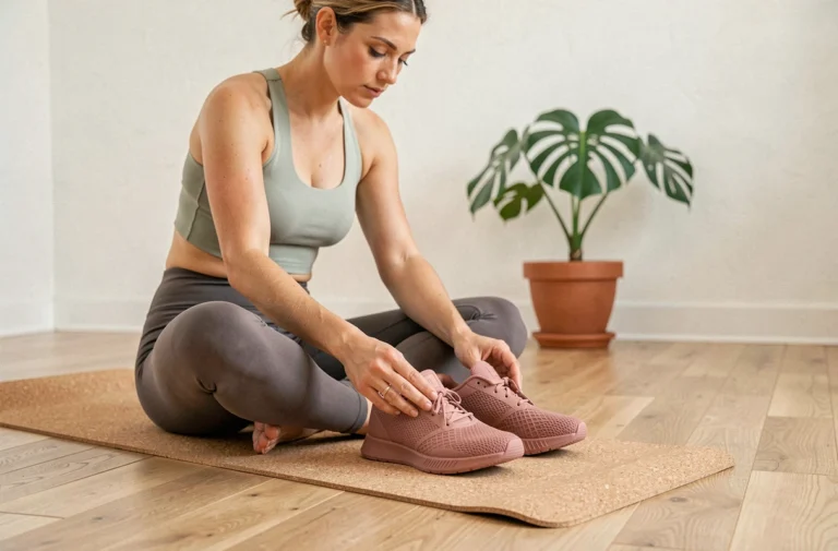 Femme en tenue de yoga tenant des chaussures de yoga minimalistes roses sur un tapis en liège dans un studio à domicile lumineux