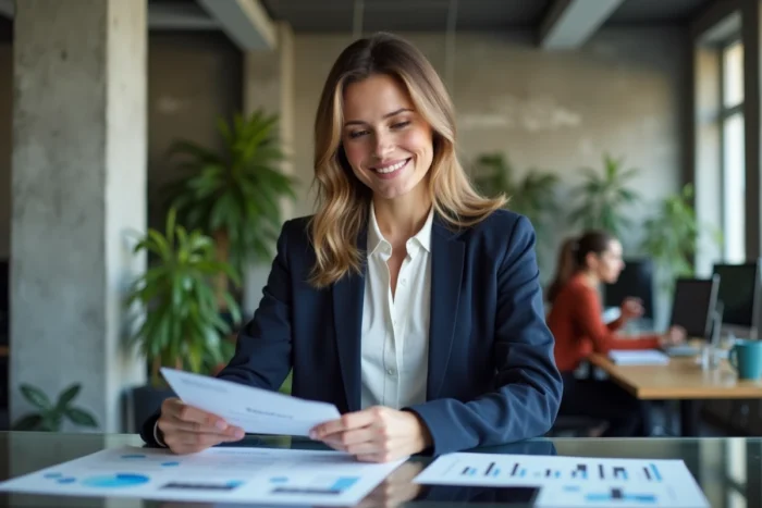 Femme cheffe d'entreprise analysant une stratégie marketing dans un bureau moderne et dynamique