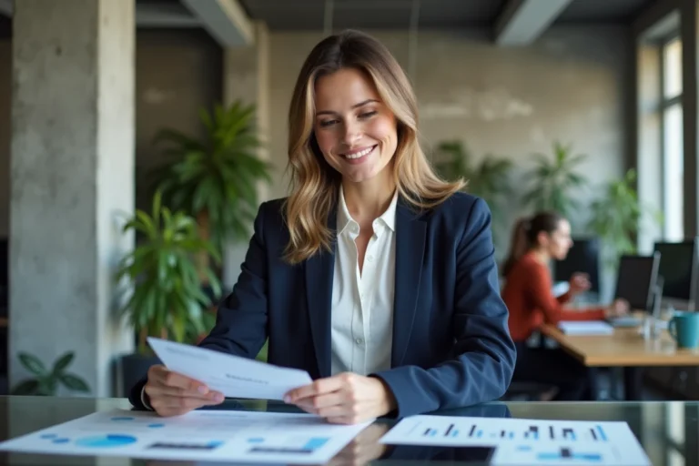 Femme cheffe d'entreprise analysant une stratégie marketing dans un bureau moderne et dynamique