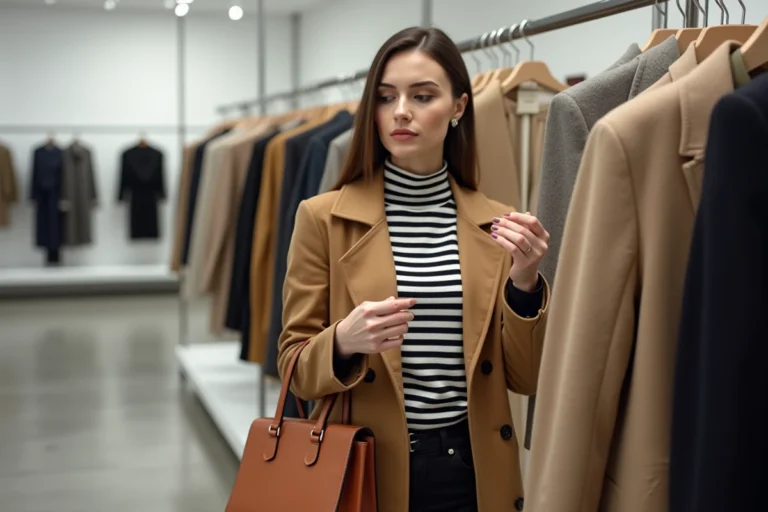 Femme élégante en manteau camel parcourant les rayons d'une boutique de mode moderne