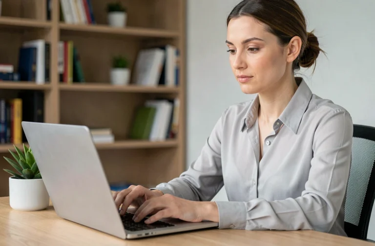 Femme accédant à son espace intérimaire en ligne depuis un bureau à domicile