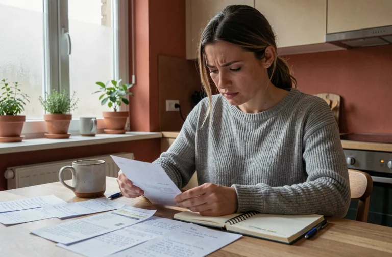 Femme gérant son budget familial avec des factures et un carnet de notes sur une table en bois dans une cuisine moderne