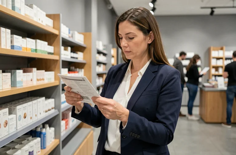 Femme lisant attentivement une étiquette de produit en magasin pour distinguer une offre gratuite d'un produit offert