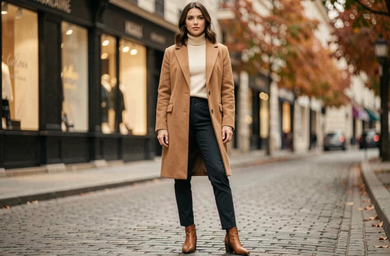 Femme stylée en manteau camel et bottines en cuir dans une rue pavée parisienne en automne, tendances mode 2024
