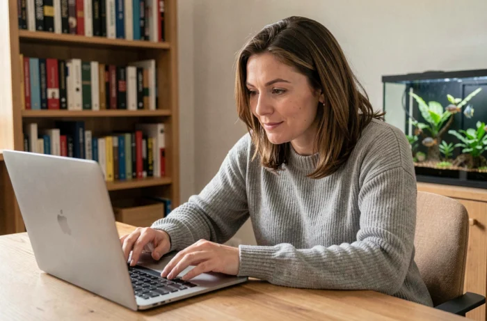 Femme naviguant sur un site dédié aux cichlidés sur son ordinateur portable dans un bureau à domicile avec aquarium en arrière-plan