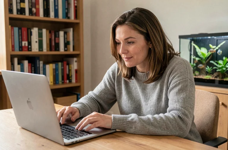 Femme naviguant sur un site dédié aux cichlidés sur son ordinateur portable dans un bureau à domicile avec aquarium en arrière-plan