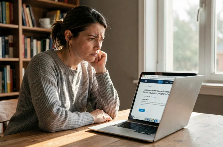 Femme frustrée face à une erreur technique sur son ordinateur portable, illustrant un problème sur Le Bon Coin