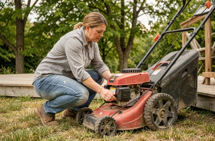 Femme réglant la hauteur de coupe d'une tondeuse thermique dans un jardin printanier