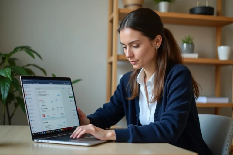 Femme consultant les paramètres de confidentialité sur son ordinateur portable pour naviguer en sécurité sur internet en 2026