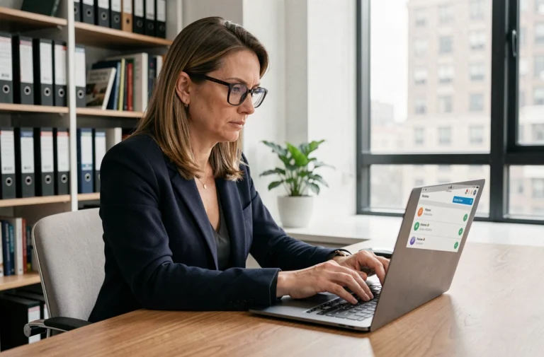 Femme professionnelle sécurisant ses données en ligne avec un gestionnaire de mots de passe sur un ordinateur portable dans un bureau moderne