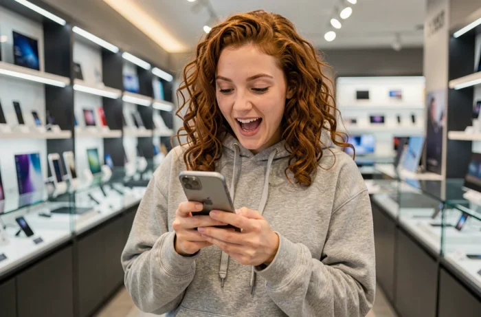 Jeune femme découvrant les fonctionnalités d'un smartphone dans un magasin high tech moderne