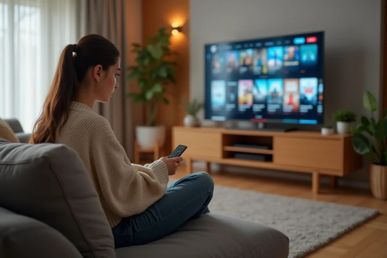 Jeune femme naviguant sur une plateforme de streaming depuis son canapé avec une télécommande, alternatives à Papadustream en 2026