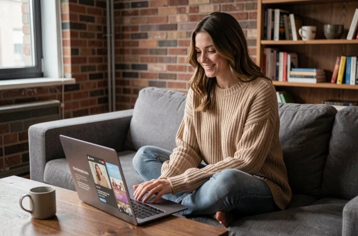 Jeune femme regardant une série française en streaming sur son ordinateur portable depuis son canapé confortable