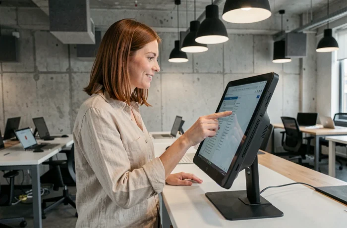 Femme utilisant une tablette tactile dans un espace de coworking high-tech