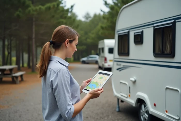 Femme consultant une carte d'itinéraire Waze sur tablette à côté d'une caravane blanche dans une aire de repos entourée de pins