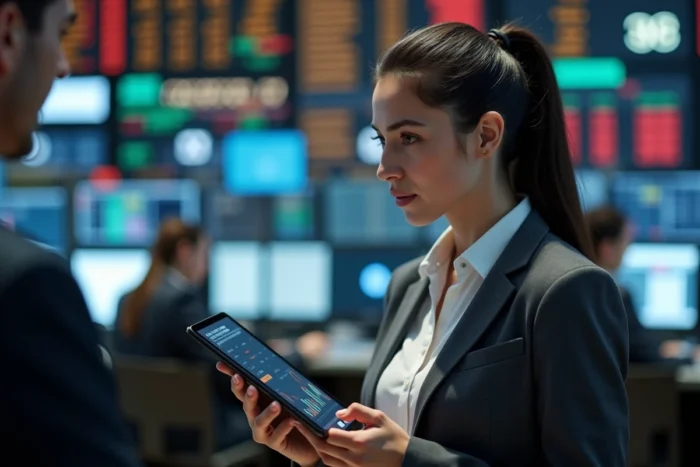 Femme trader sur un parquet boursier tenant une tablette avec des graphiques financiers en temps réel en 2024