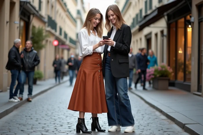 Deux femmes stylées découvrant des tendances mode ensemble dans une rue pavée urbaine