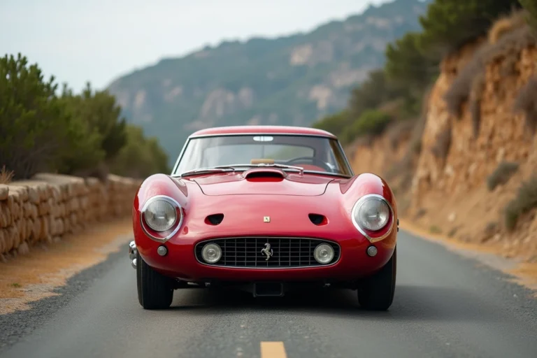 Ferrari 250 GTO rouge vintage garée sur une route côtière sinueuse dans le sud de la France, vue trois-quarts avant en contre-plongée