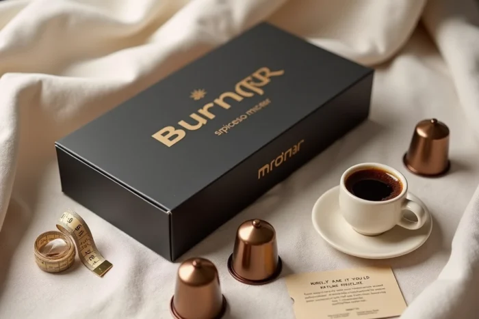 Vue à plat de capsules brûleur moka minceur avec une tasse d'espresso et un mètre ruban