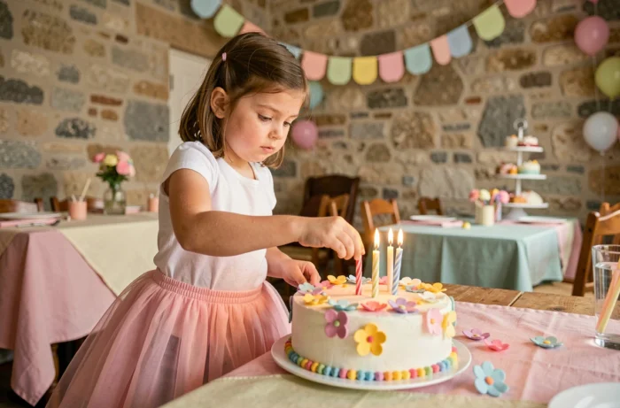 Petite fille déposant des bougies sur un gâteau d'anniversaire décoré dans une salle de fête à Nice