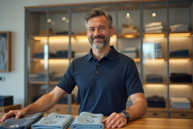 Gérant d'une boutique de retail debout derrière un comptoir moderne avec des produits exposés sur des étagères en bois