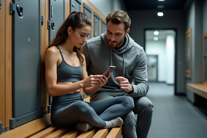 Deux personnes consultant une application de gestion d'abonnement fitness sur smartphone dans un vestiaire de salle de sport