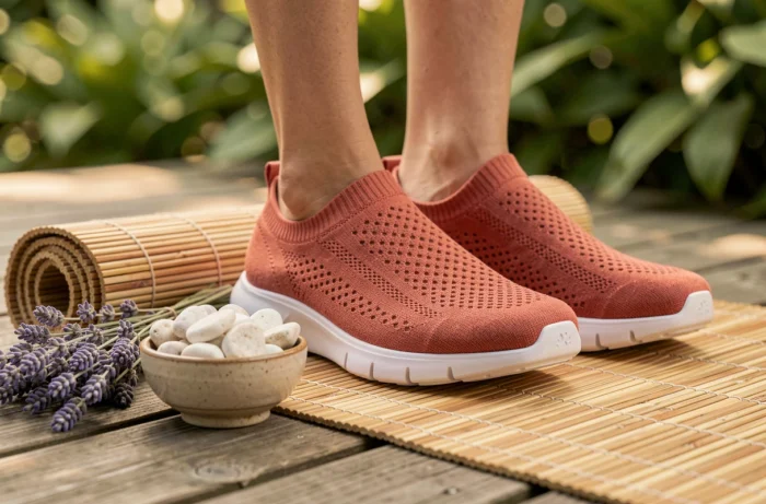 Gros plan sur des chaussures de yoga en tricot terracotta avec semelle antidérapante posées sur un tapis en bambou sur une terrasse en bois
