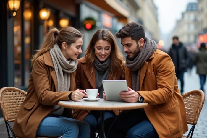 Groupe de personnes discutant de l'actualité autour d'une tablette dans un café en terrasse