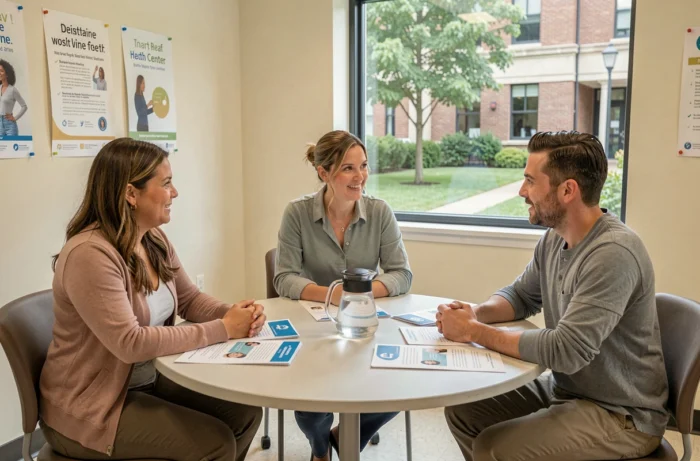 Groupe de trois adultes discutant d'informations santé autour d'une table dans un centre de santé communautaire