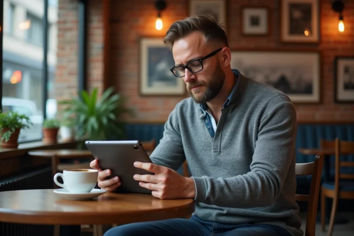 Homme consultant les actualités business et tendances économiques sur une tablette dans un café urbain