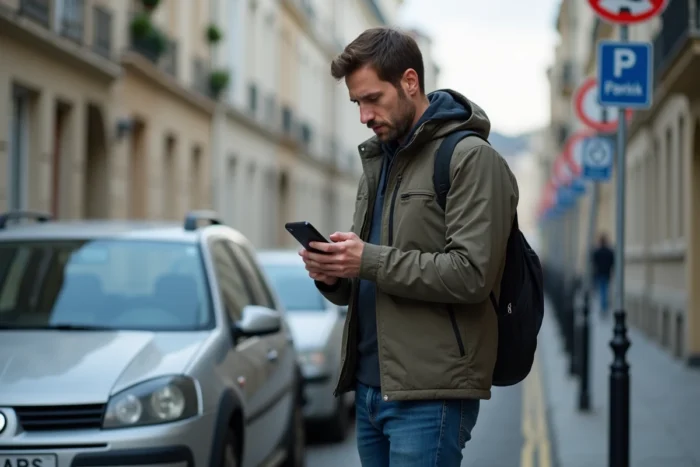 Homme consultant une application de stationnement sur son téléphone près du Stade de France à Saint-Denis