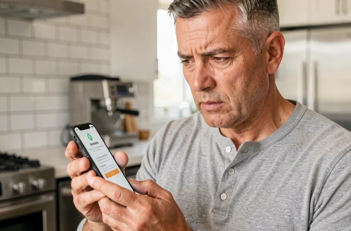 Homme vérifiant une notification d'authentification à deux facteurs sur son smartphone dans une cuisine moderne pour protéger ses comptes en ligne