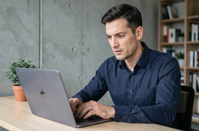 Homme utilisant un ordinateur portable ultrabook dans un bureau moderne pour explorer des astuces high tech