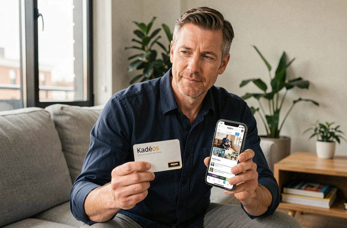 Homme consultant sa carte Kadéos et son smartphone pour passer une commande sur Amazon dans son salon