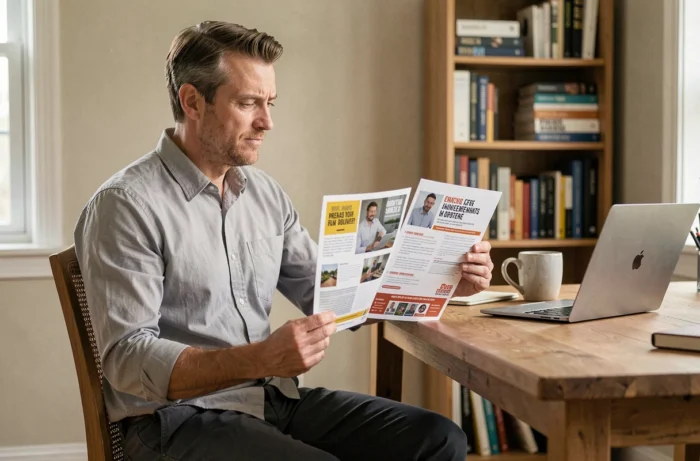 Homme comparant deux prospectus promotionnels à son bureau pour comprendre la différence entre gratuit et offert