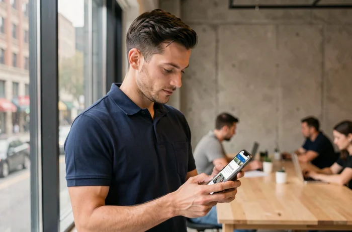 Homme consultant son espace intérimaire Baps ETT sur smartphone dans un espace de coworking
