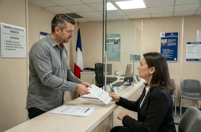 Homme déposant une demande d'acte de naissance auprès d'un consulat français à l'étranger
