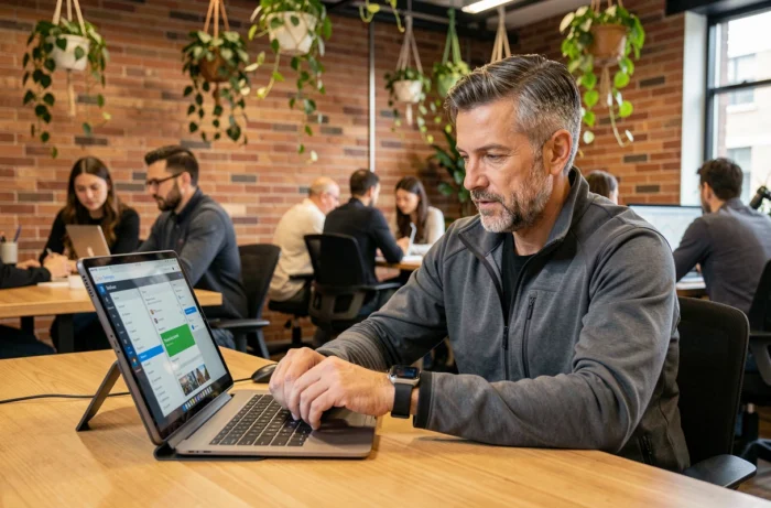Homme multitâche avec une montre connectée et une tablette dans un espace de coworking innovant