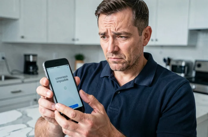 Homme consultant son smartphone face à un message d'erreur de connexion sur une application en ligne