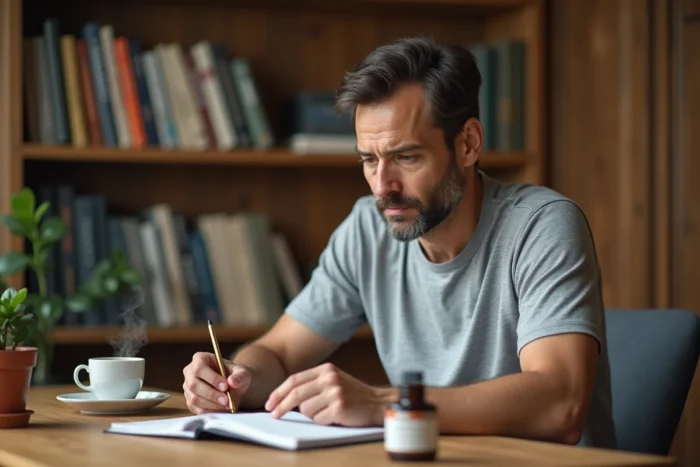 Homme consultant un journal de bien-être avec des capsules brûle-graisses moka sur son bureau
