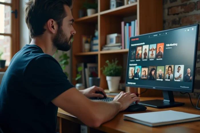 Homme consultant des sites de streaming alternatifs sur son ordinateur portable dans un bureau à domicile, guide streaming 2026