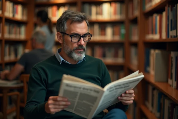 Homme lisant un journal dans une bibliothèque publique pour rester informé de l'actualité