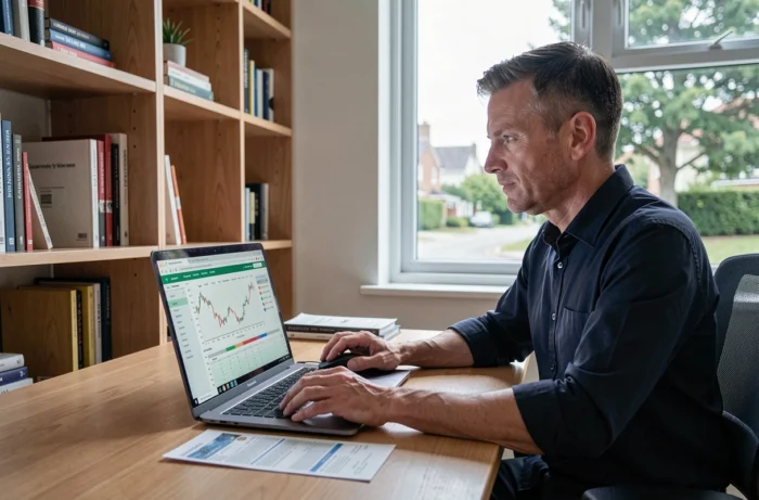 Homme consultant des tableaux financiers sur un ordinateur portable dans un bureau minimaliste à domicile