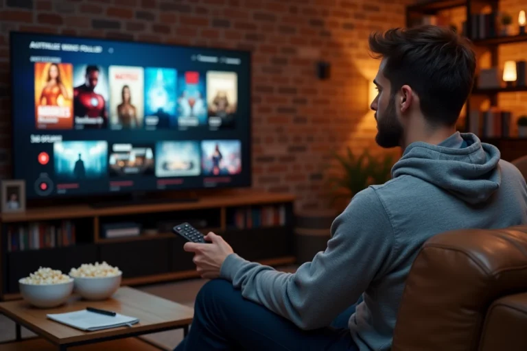 Jeune homme réfléchissant devant un écran de télévision affichant un menu de films Spider-Man dans un salon confortable