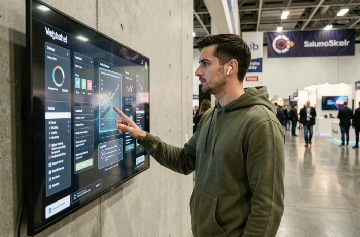 Homme interagissant avec un écran tactile innovant lors d'un salon technologique en 2024