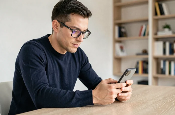 Homme testant un smartphone pliable innovant dans un bureau moderne en 2024
