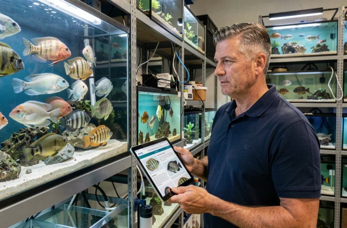 Homme consultant un site spécialisé cichlidés sur une tablette devant un grand aquarium rempli de cichlidés africains colorés