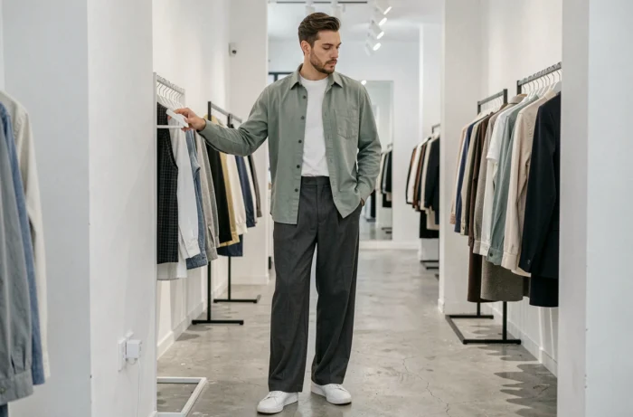 Homme tendance en pantalon large et overshirt vert sauge dans une boutique de mode minimaliste moderne